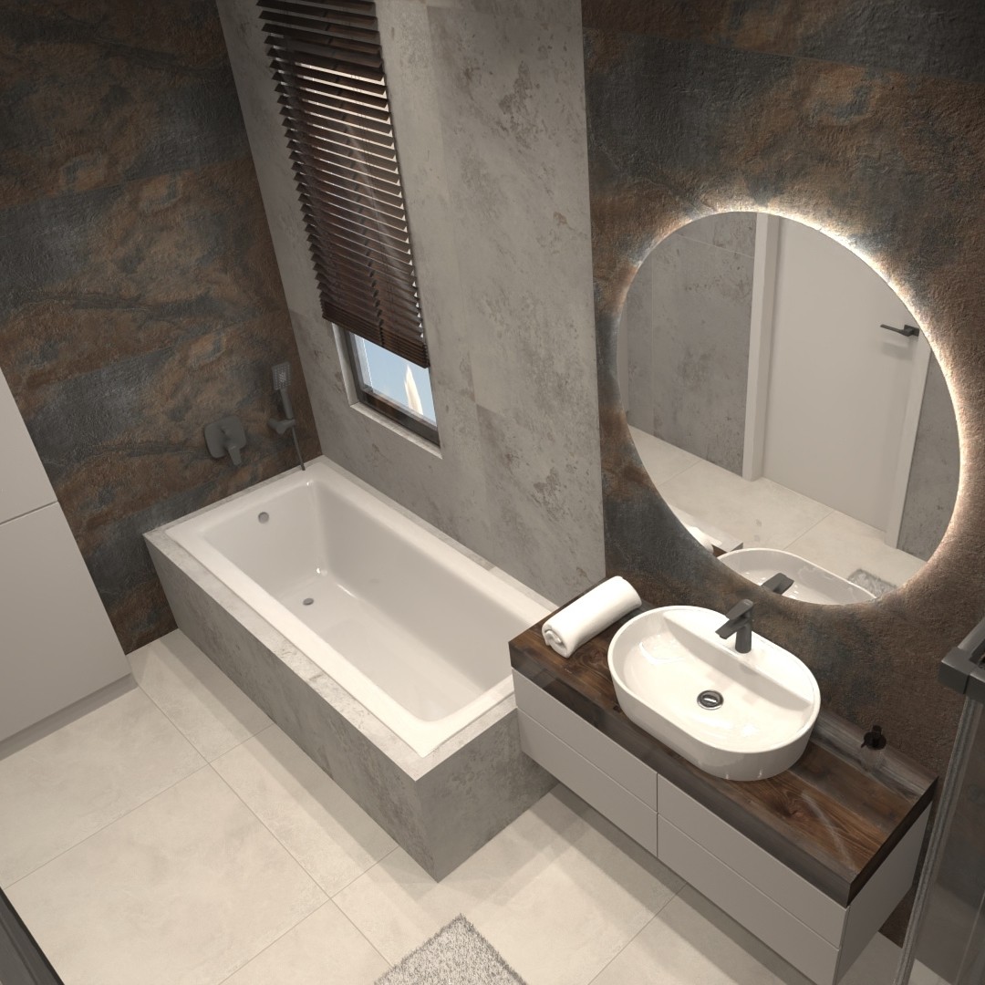 Nowoczesna łazienka z betonową aranżacją i oświetleniem LED