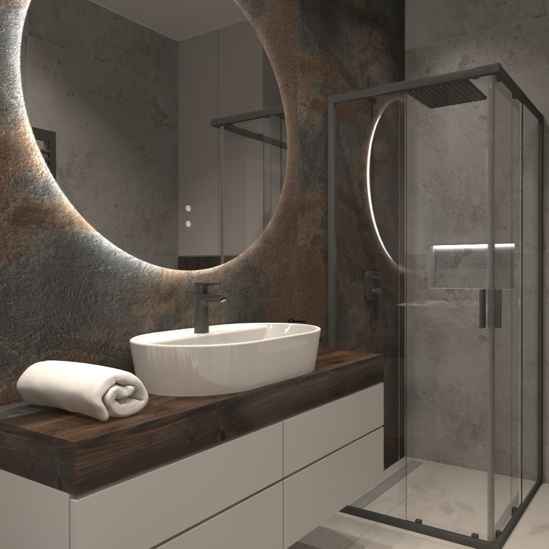 Nowoczesna łazienka z betonową aranżacją i oświetleniem LED