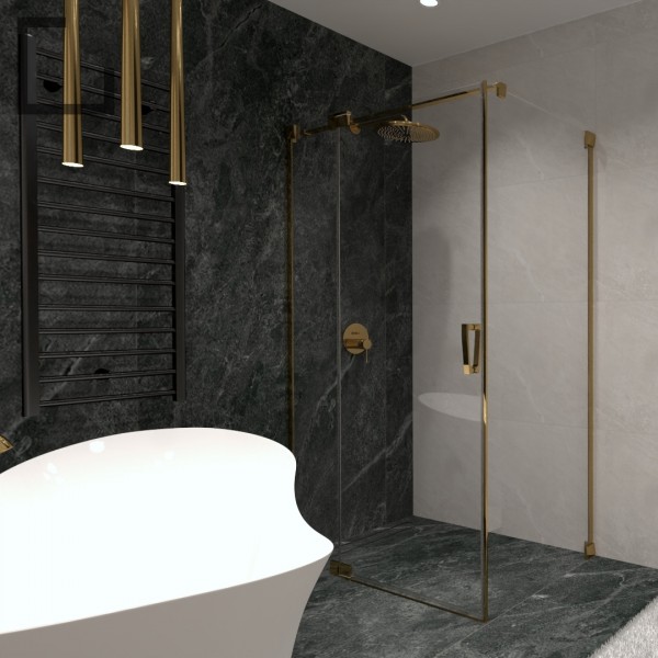 Luksusowa łazienka z dużą wanną i złotą baterią prysznicową z deszczownicą