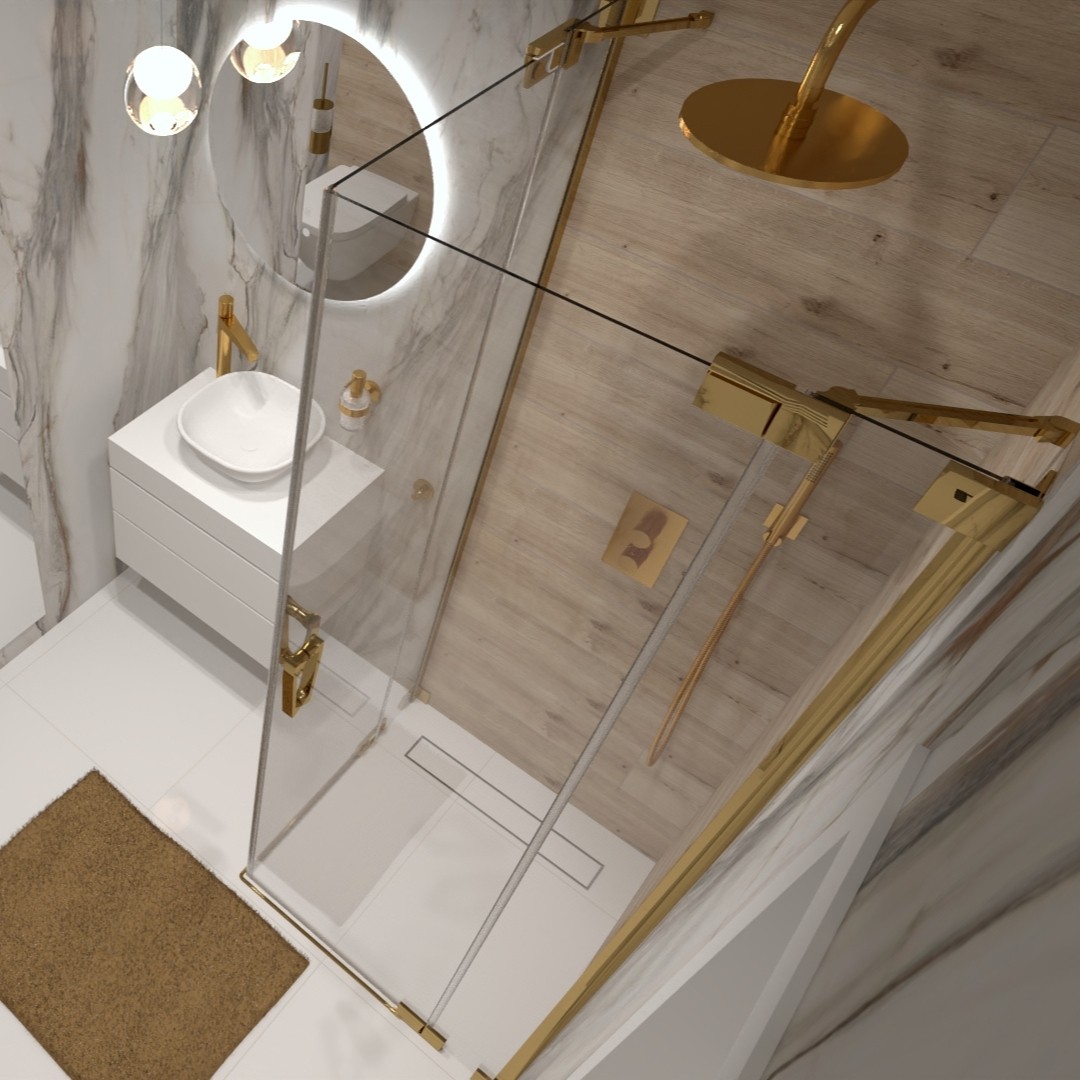 Jasna łazienka z marmurem i złotą baterią łazienkową