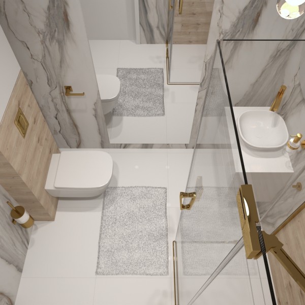 Jasna łazienka z marmurem i złotą baterią łazienkową