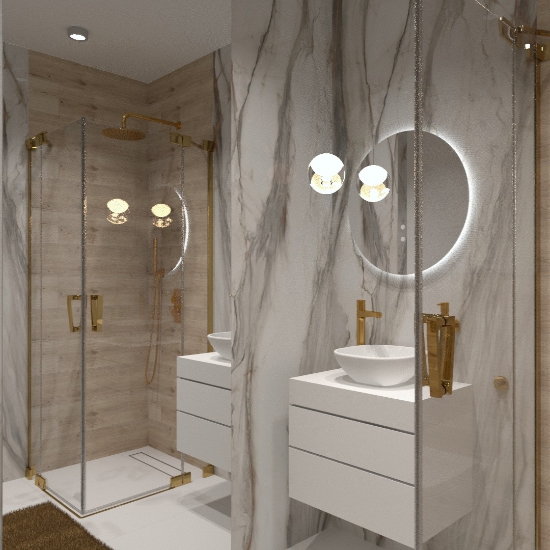 Jasna łazienka z marmurem i złotą baterią łazienkową