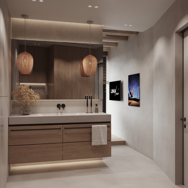 Łazienka z wanną wolnostojącą i baterią prysznicową z deszczownicą – nowoczesny projekt wnętrza