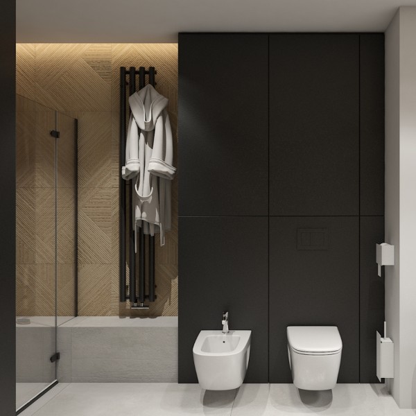 Nowoczesna łazienka z wanną przyścienną i baterią wannową 3 otworową