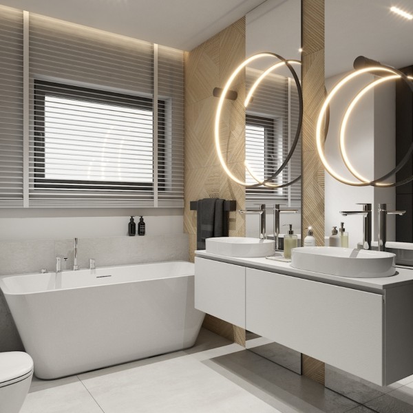 Nowoczesna łazienka z wanną przyścienną i baterią wannową 3 otworową