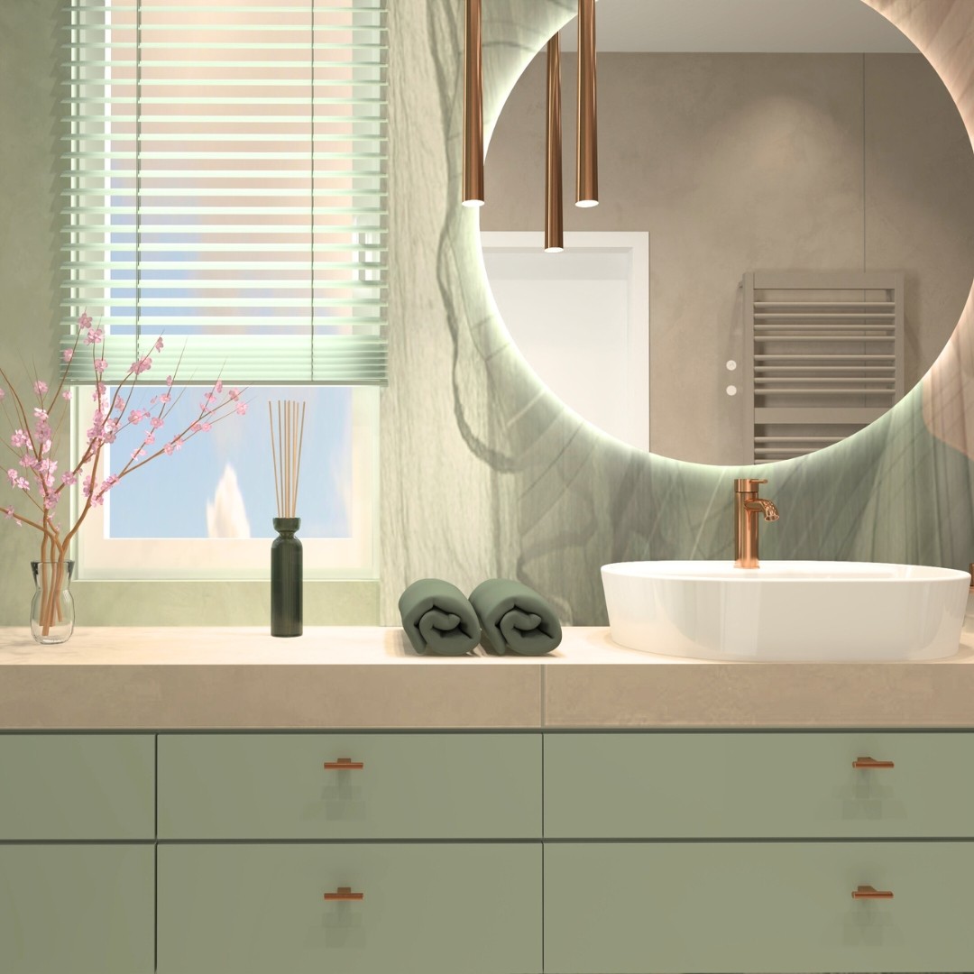  Łazienka z owalną umywalką nablatową i pastelowymi akcentami – nowoczesne inspiracje