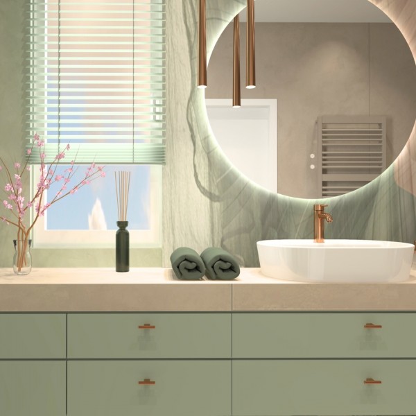  Łazienka z owalną umywalką nablatową i pastelowymi akcentami – nowoczesne inspiracje