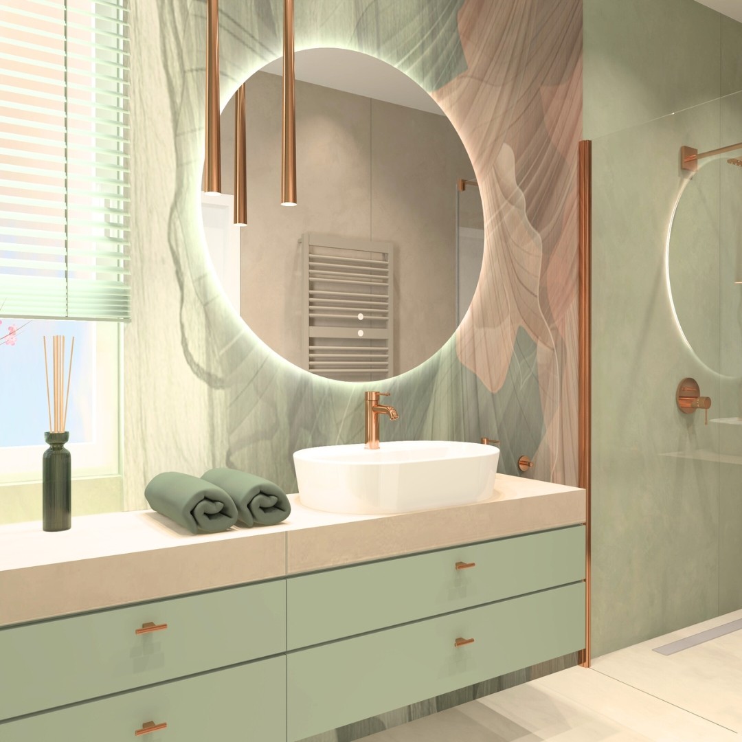  Łazienka z owalną umywalką nablatową i pastelowymi akcentami – nowoczesne inspiracje