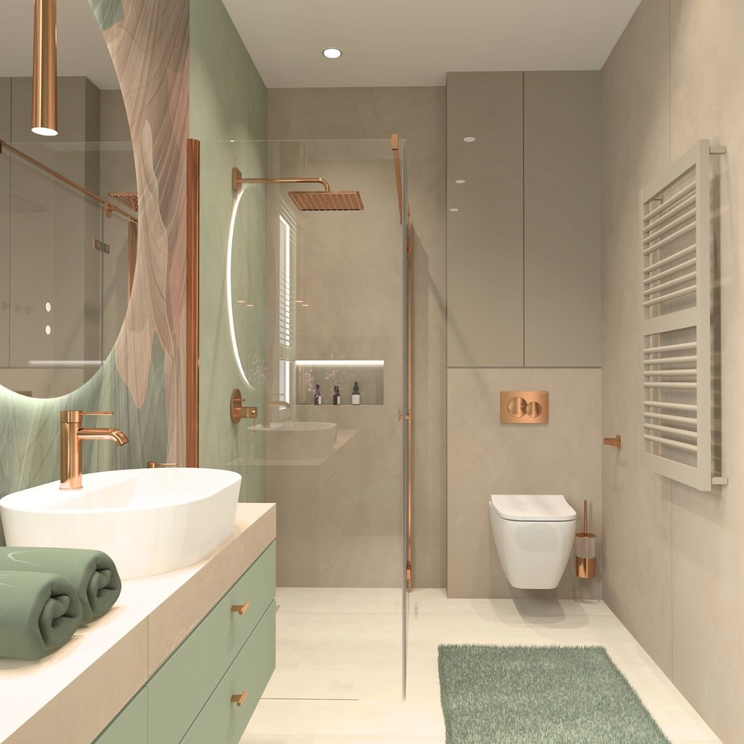  Łazienka z owalną umywalką nablatową i pastelowymi akcentami – nowoczesne inspiracje