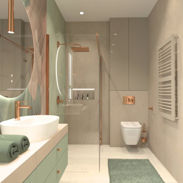  Łazienka z owalną umywalką nablatową i pastelowymi akcentami – nowoczesne inspiracje