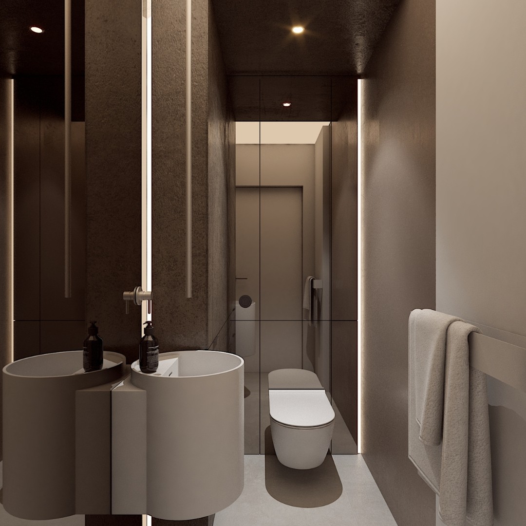 Nowoczesna toaleta z podwieszaną miską WC i eleganckim oświetleniem LED