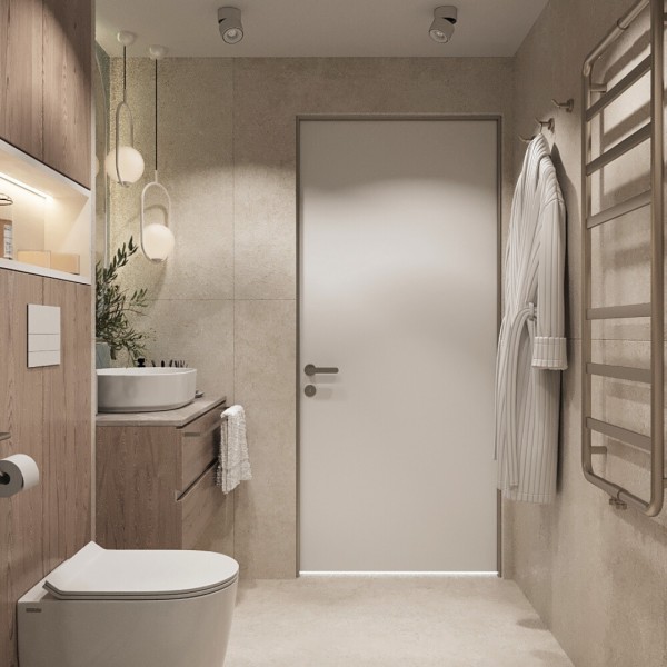 Nowoczesna łazienka z umywalką nablatową i podtynkową baterią prysznicową