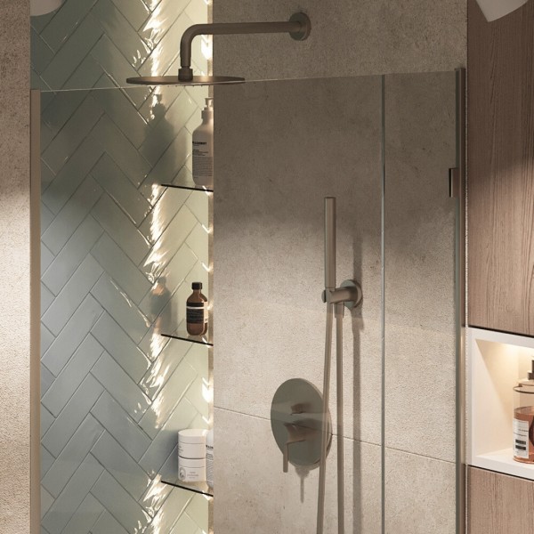 Nowoczesna łazienka z umywalką nablatową i podtynkową baterią prysznicową