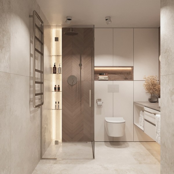 Nowoczesna łazienka z drewnem i umywalką nablatową w roli głównej