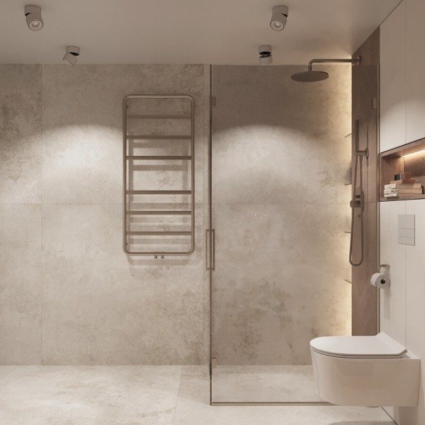 Nowoczesna łazienka z drewnem i umywalką nablatową w roli głównej