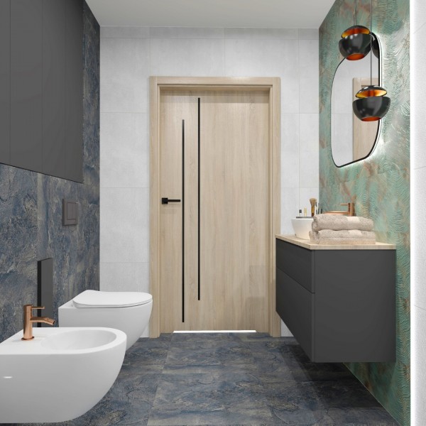 Elegancka łazienka z grafitową szafką i umywalką nablatową