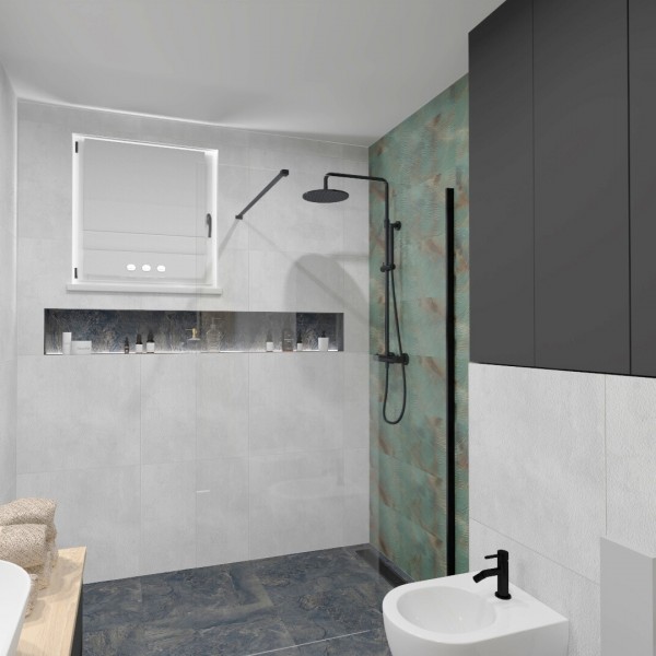 Elegancka łazienka z grafitową szafką i umywalką nablatową