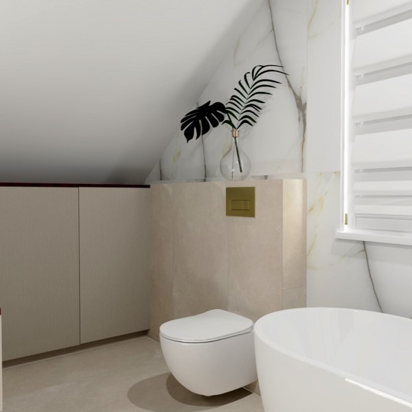 Łazienka na poddaszu z umywalką nablatową i złotą baterią umywalkową