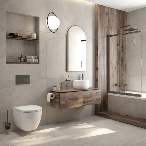 Łazienka z wysoką baterią umywalkową i tytanowymi dodatkami w nowoczesnym stylu