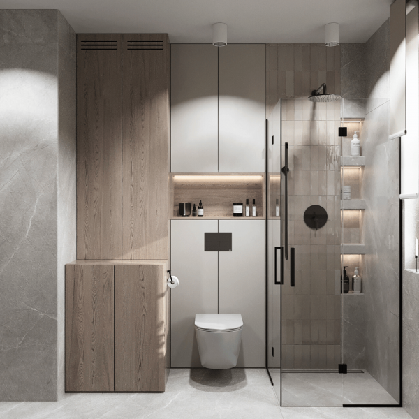 Wysoka bateria umywalkowa w wąskiej łazience z prysznicem