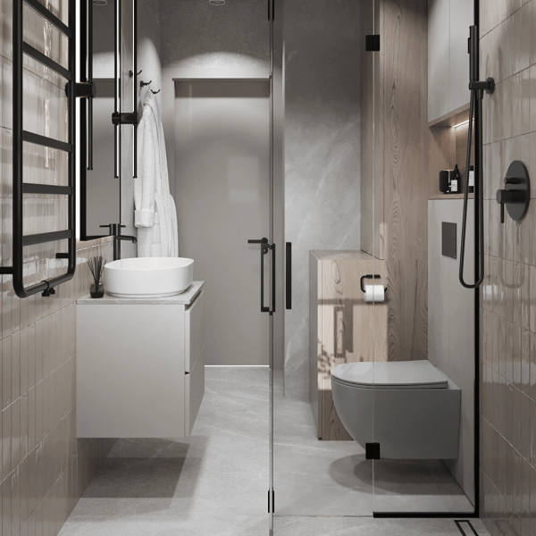 Wysoka bateria umywalkowa w wąskiej łazience z prysznicem