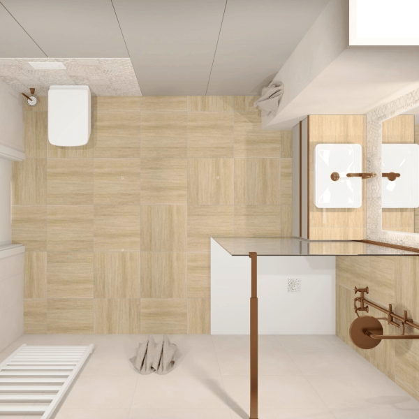 Mała łazienka w stylu retro z wysoką baterią umywalkową i prysznicem walk-in