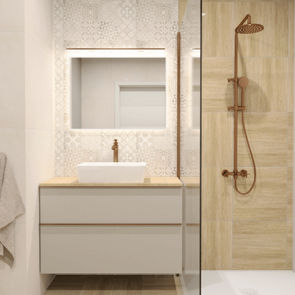 Mała łazienka w stylu retro z wysoką baterią umywalkową i prysznicem walk-in