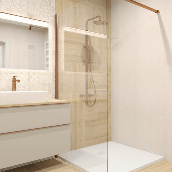 Mała łazienka w stylu retro z wysoką baterią umywalkową i prysznicem walk-in