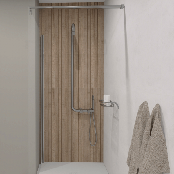 Nowoczesna łazienka z prysznicem walk-in i wysoką baterią umywalkową