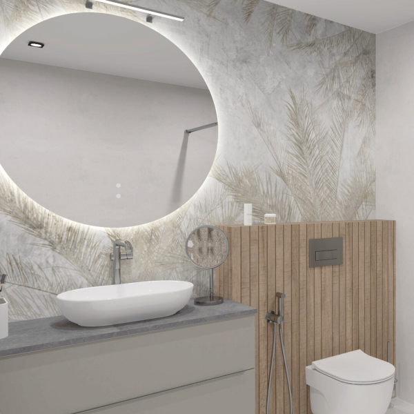 Nowoczesna łazienka z prysznicem walk-in i wysoką baterią umywalkową