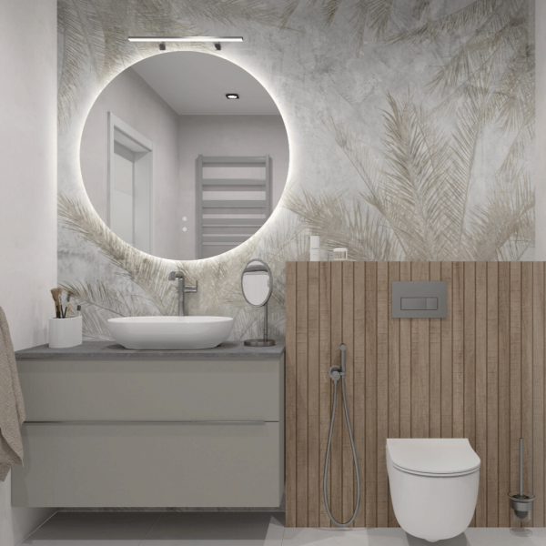 Nowoczesna łazienka z prysznicem walk-in i wysoką baterią umywalkową