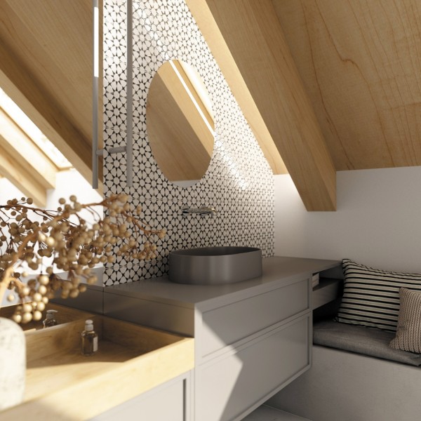 Łazienka na poddaszu z owalną umywalką i bidetką ścienną