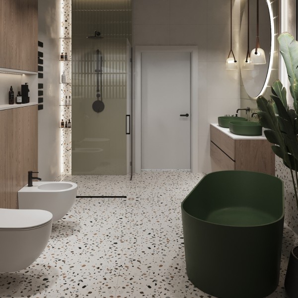 Zielona umywalka owalna w nowoczesnej łazience