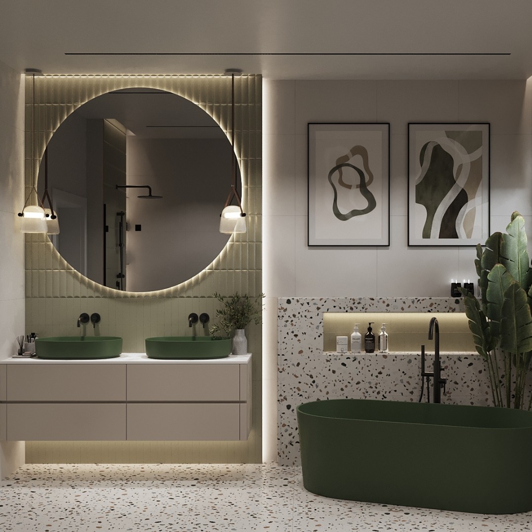 Zielona umywalka owalna w nowoczesnej łazience