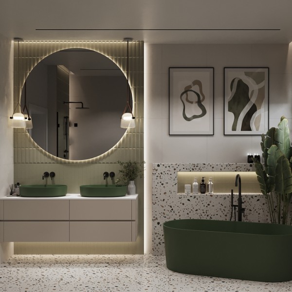 Zielona umywalka owalna w nowoczesnej łazience