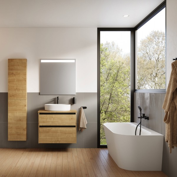 Naturalna łazienka z jasną szafką i owalną umywalką nablatową 