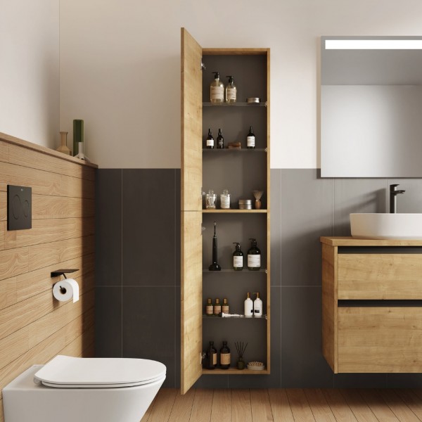 Naturalna łazienka z jasną szafką i owalną umywalką nablatową 