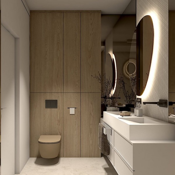 Minimalistyczna łazienka z geberit zestawem podtynkowym i wolnostojącą wanną