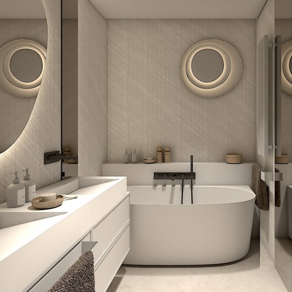 Minimalistyczna łazienka z geberit zestawem podtynkowym i wolnostojącą wanną