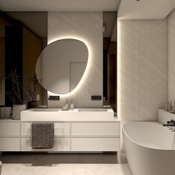 Minimalistyczna łazienka z geberit zestawem podtynkowym i wolnostojącą wanną