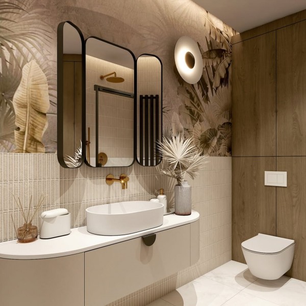 Zestaw podtynkowy Geberit w łazience organic modern z czarną kabiną prysznicową