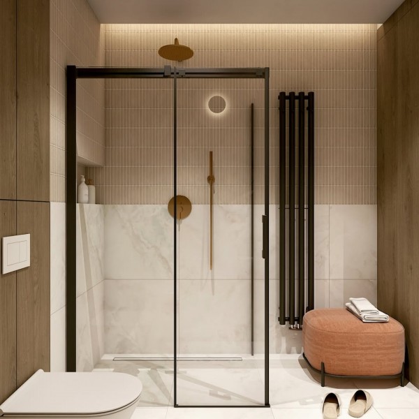 Zestaw podtynkowy Geberit w łazience organic modern z czarną kabiną prysznicową