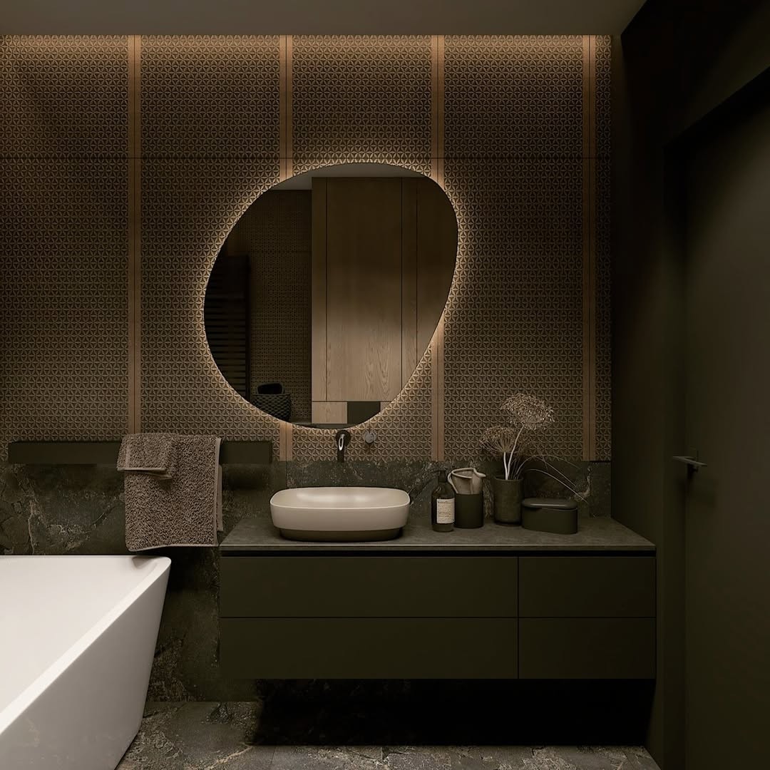 Łazienka w czerni w stylu Organic Modern z owalnym lustrem