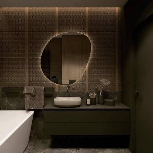 Łazienka w czerni w stylu Organic Modern z owalnym lustrem