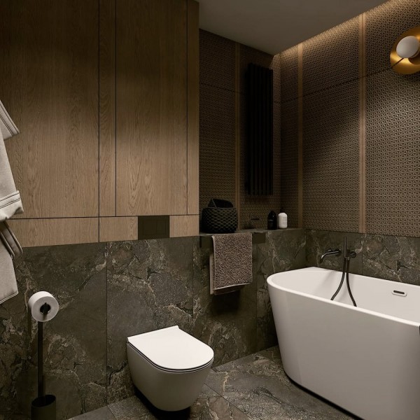 Łazienka w czerni w stylu Organic Modern z owalnym lustrem