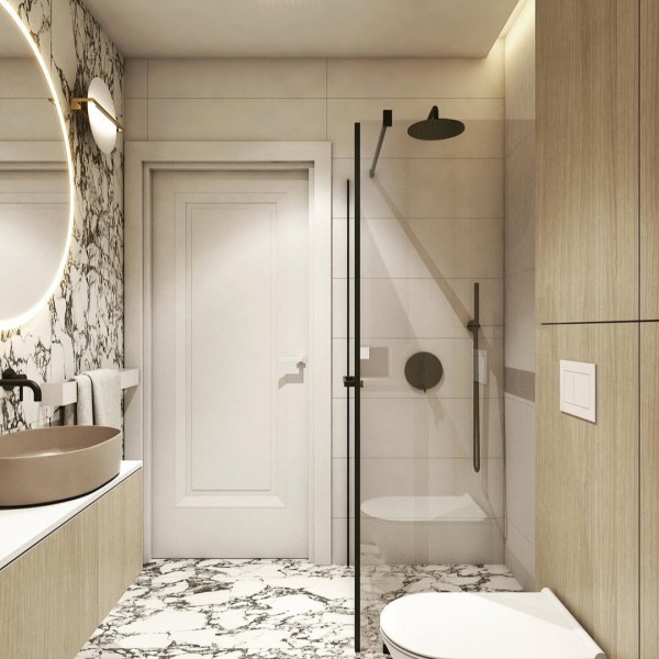 Łazienka soft minimalizm z marmurem i zestawem podtynkowym Geberit