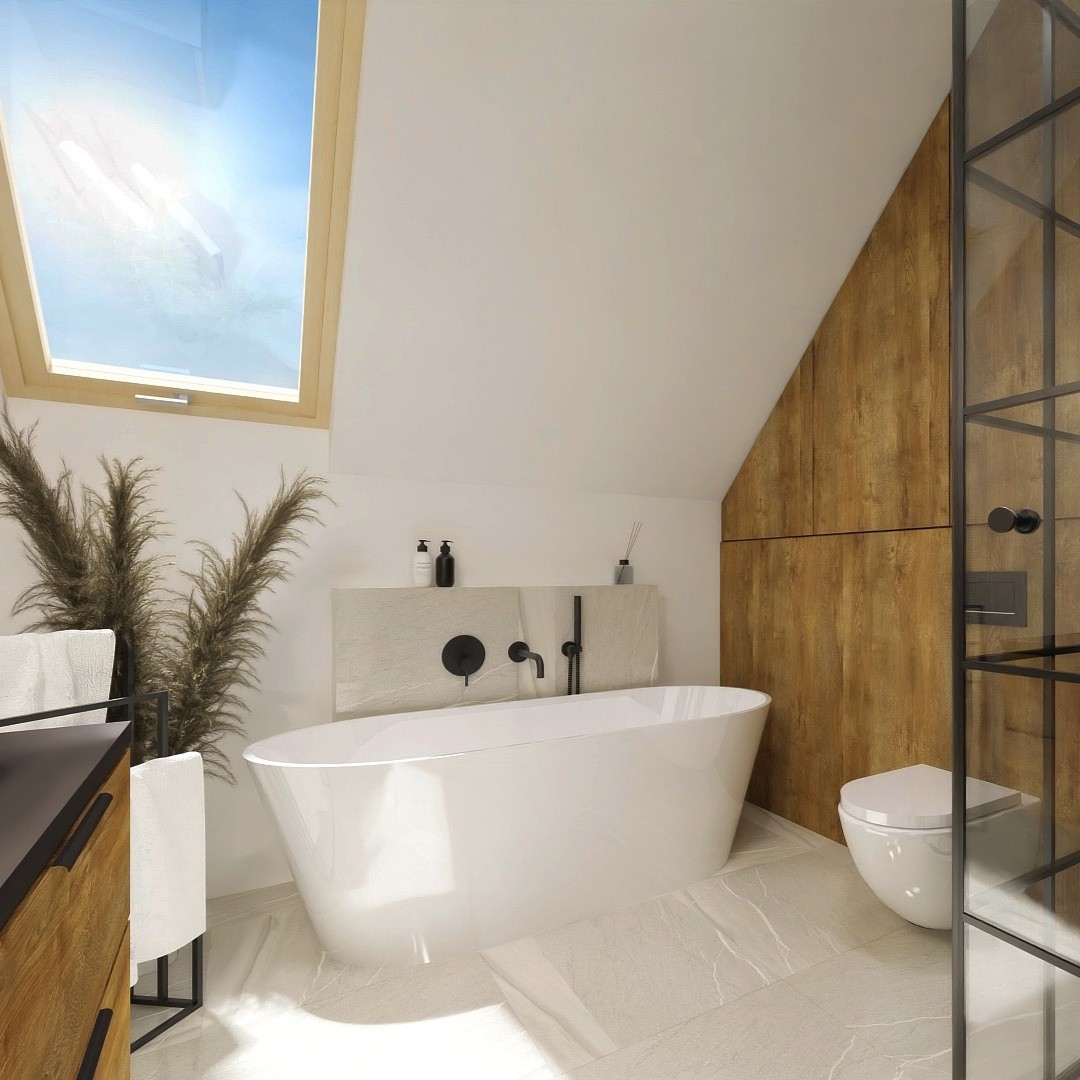Duża łazienka na poddaszu z wanną i kabiną!