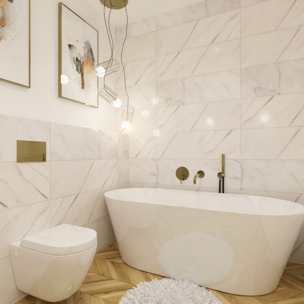 Połączenie płytek marmuropodobnych oraz drewnopodobnych w łazience!